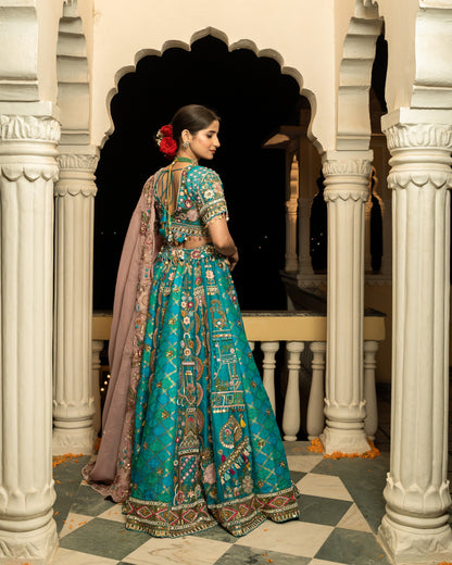 Teal Embroidered Raw Silk Lehenga Set