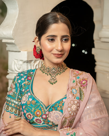 Teal Embroidered Raw Silk Lehenga Set