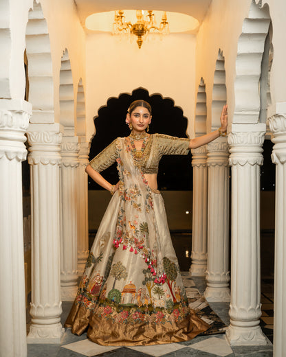 Royal Pichwai Art Hand-Embroidered Cream Silk Lehenga Set