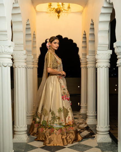 Royal Pichwai Art Hand-Embroidered Cream Silk Lehenga Set