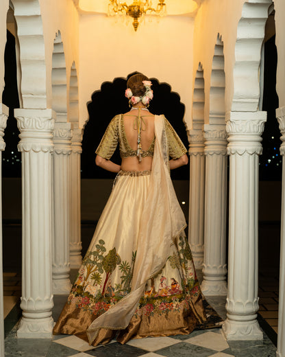Royal Pichwai Art Hand-Embroidered Cream Silk Lehenga Set