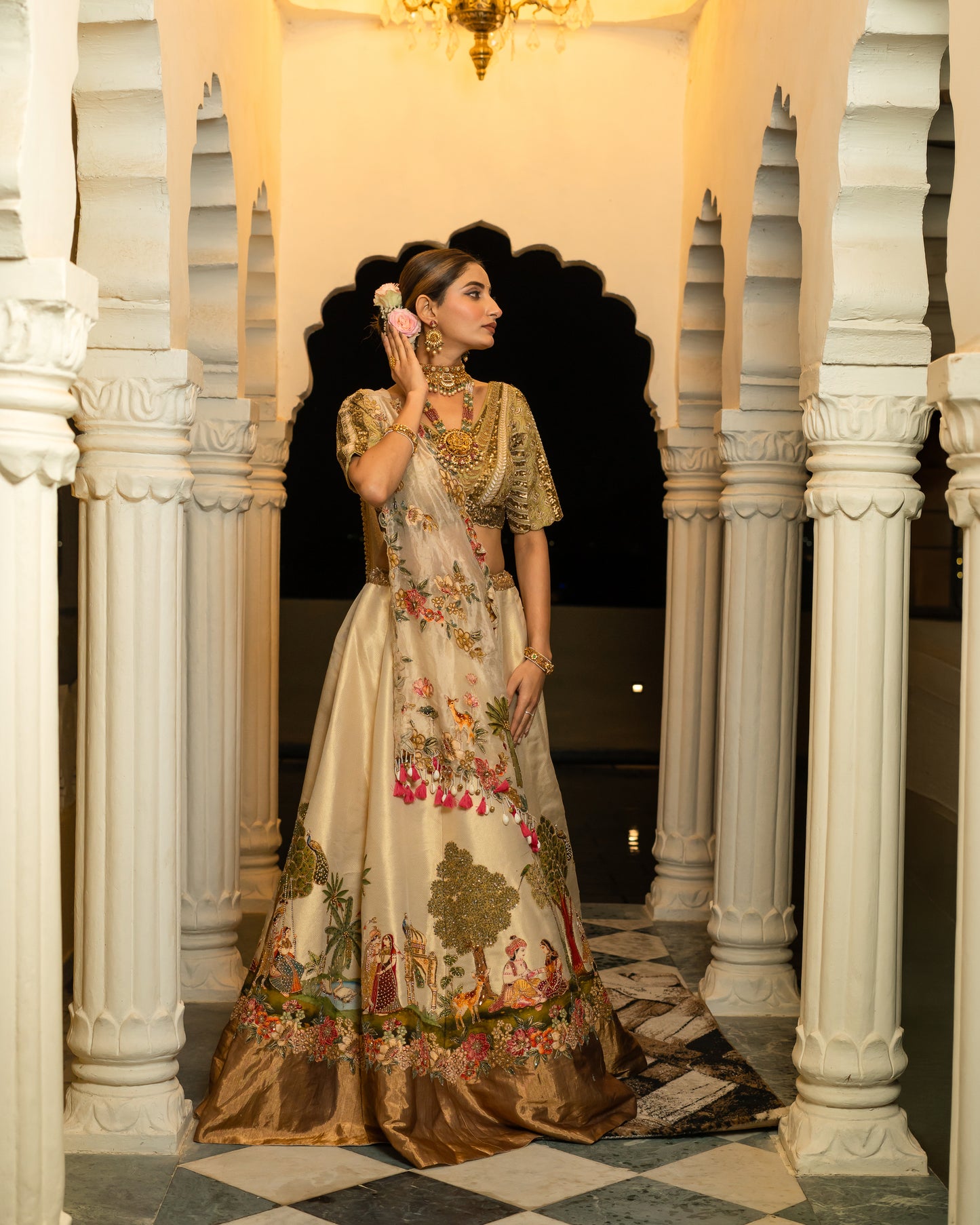 Royal Pichwai Art Hand-Embroidered Cream Silk Lehenga Set