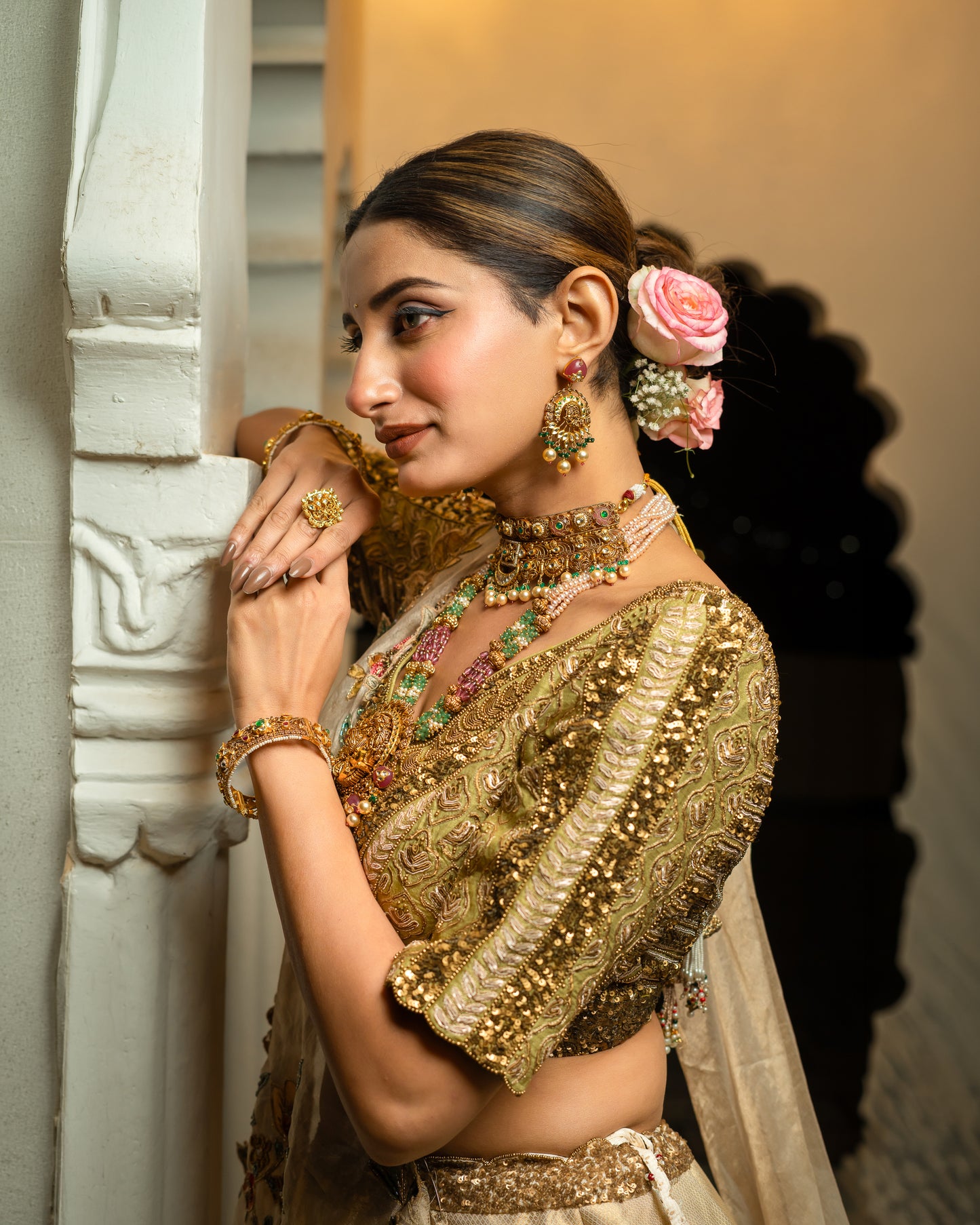 Royal Pichwai Art Hand-Embroidered Cream Silk Lehenga Set