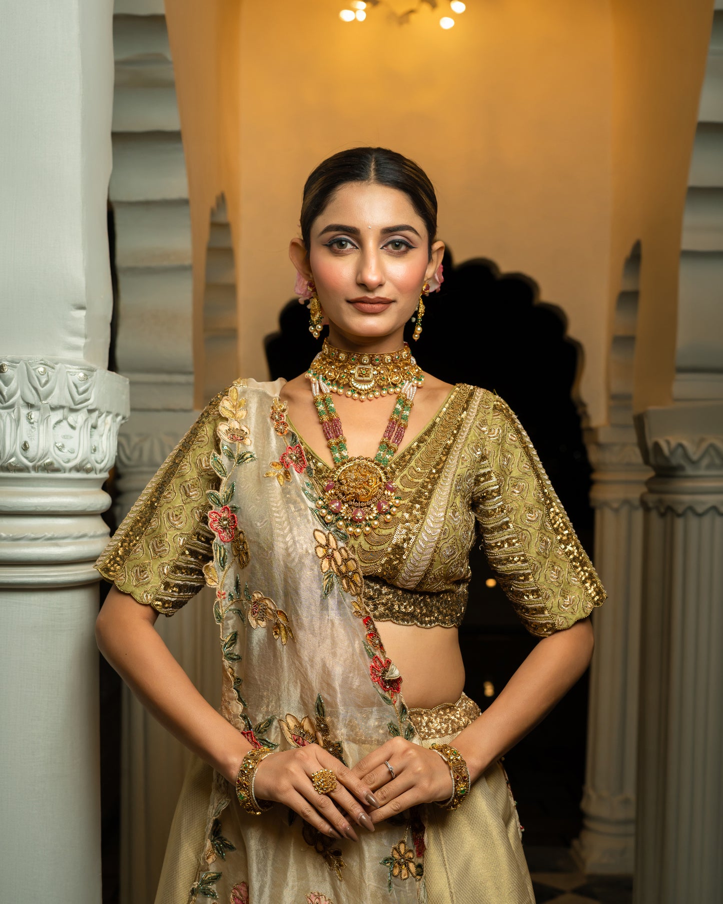 Royal Pichwai Art Hand-Embroidered Cream Silk Lehenga Set