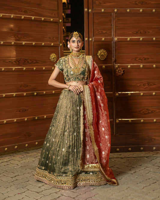 Royal Olive & Coral Zari Tissue Silk Lehenga Set