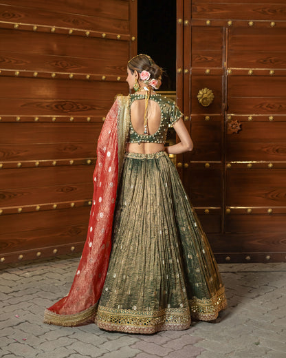 Royal Olive & Coral Zari Tissue Silk Lehenga Set