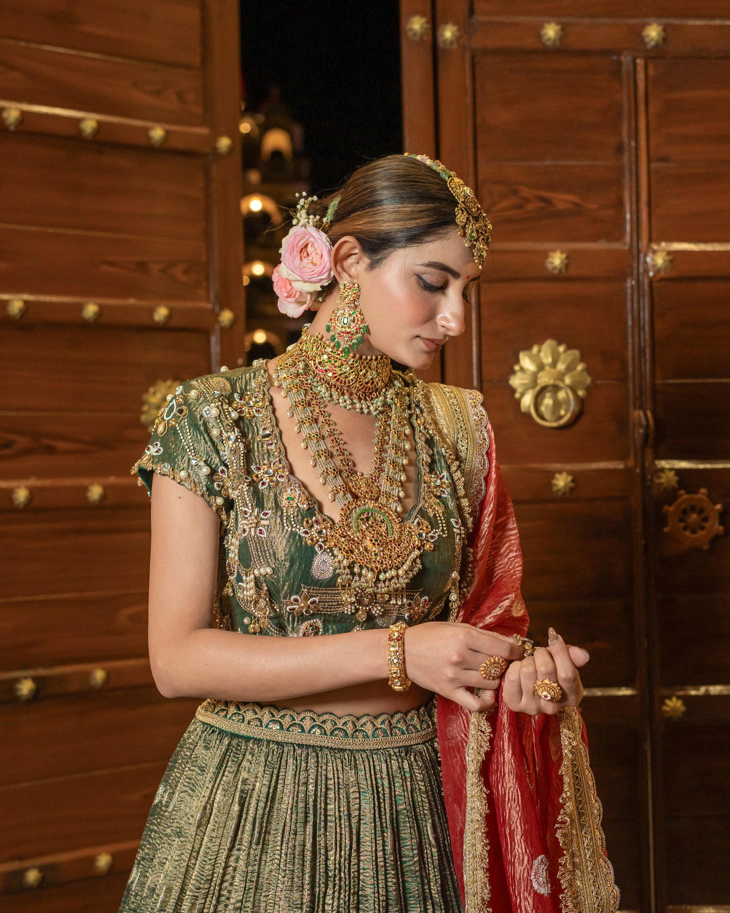 Royal Olive & Coral Zari Tissue Silk Lehenga Set