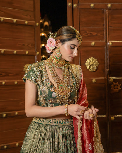Royal Olive & Coral Zari Tissue Silk Lehenga Set