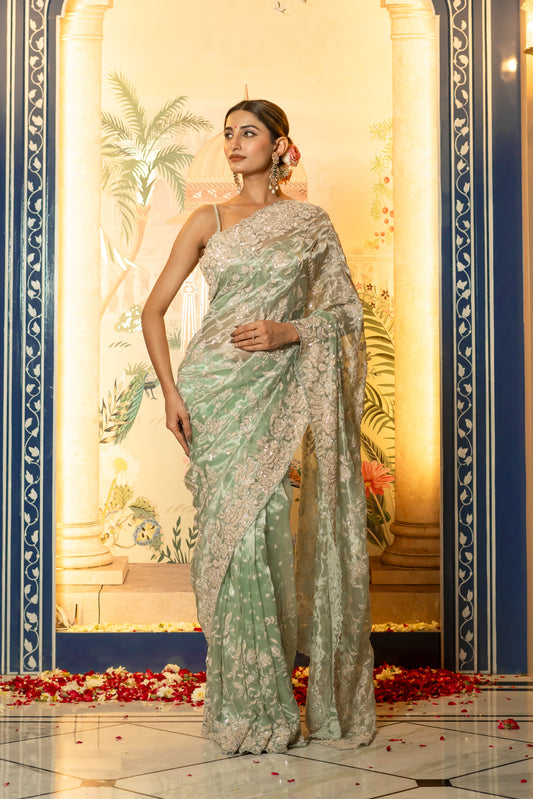 Mint Green Embellished Saree Set