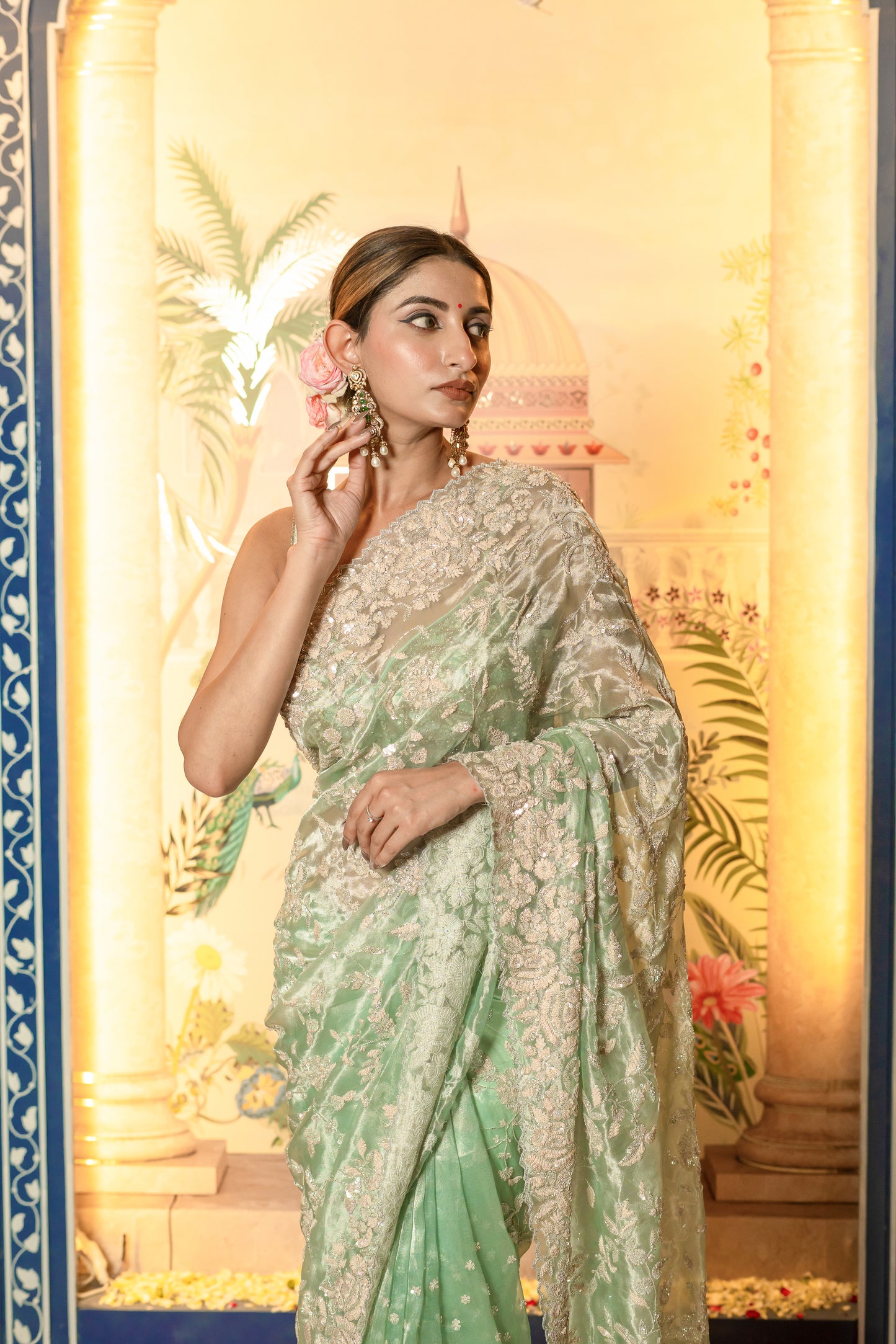 Mint Green Embellished Saree Set