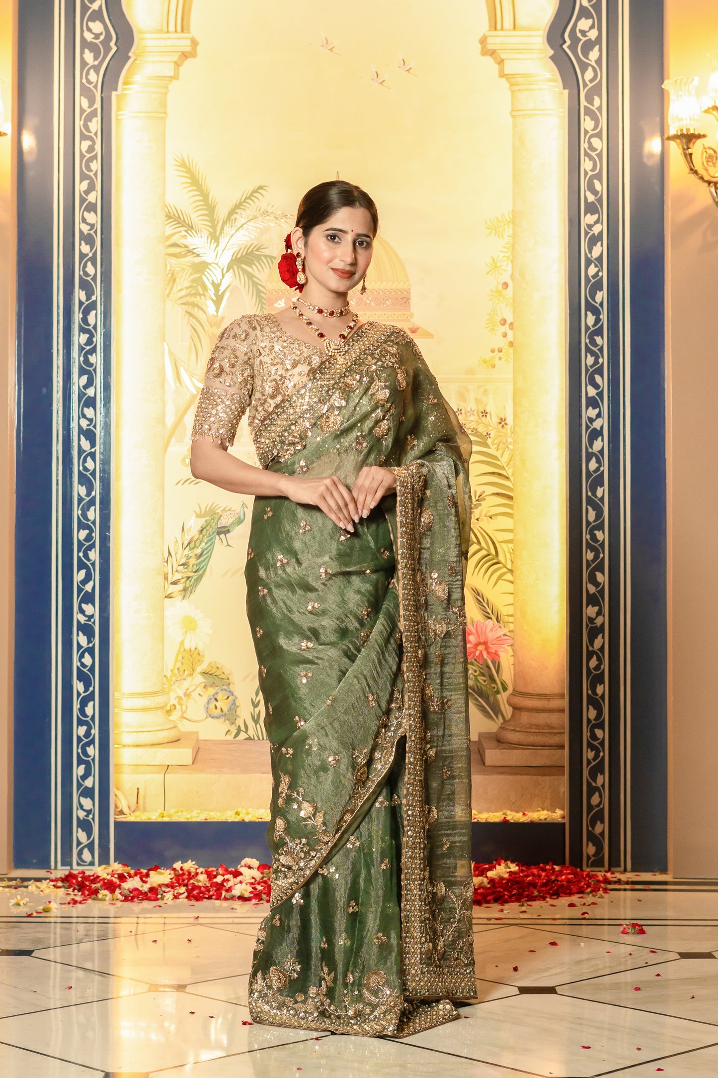 Olive Green Sequin Embellished Saree Set