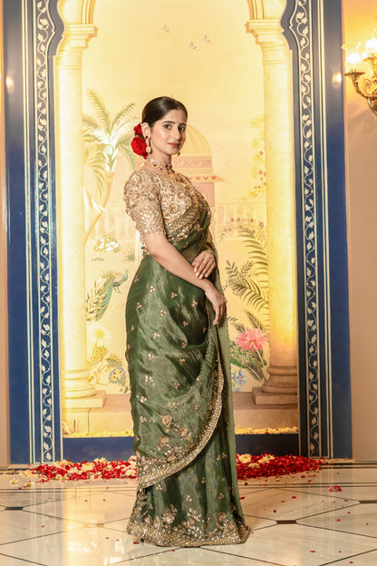 Olive Green Sequin Embellished Saree Set