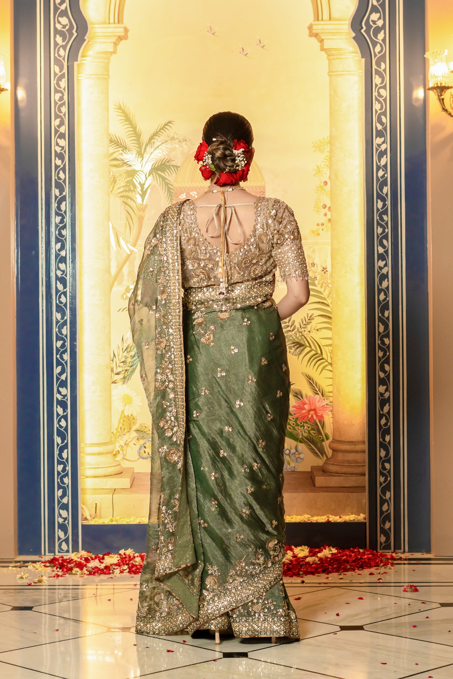 Olive Green Sequin Embellished Saree Set