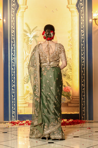 Olive Green Sequin Embellished Saree Set