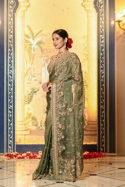 Olive Green Sequin Embellished Saree Set