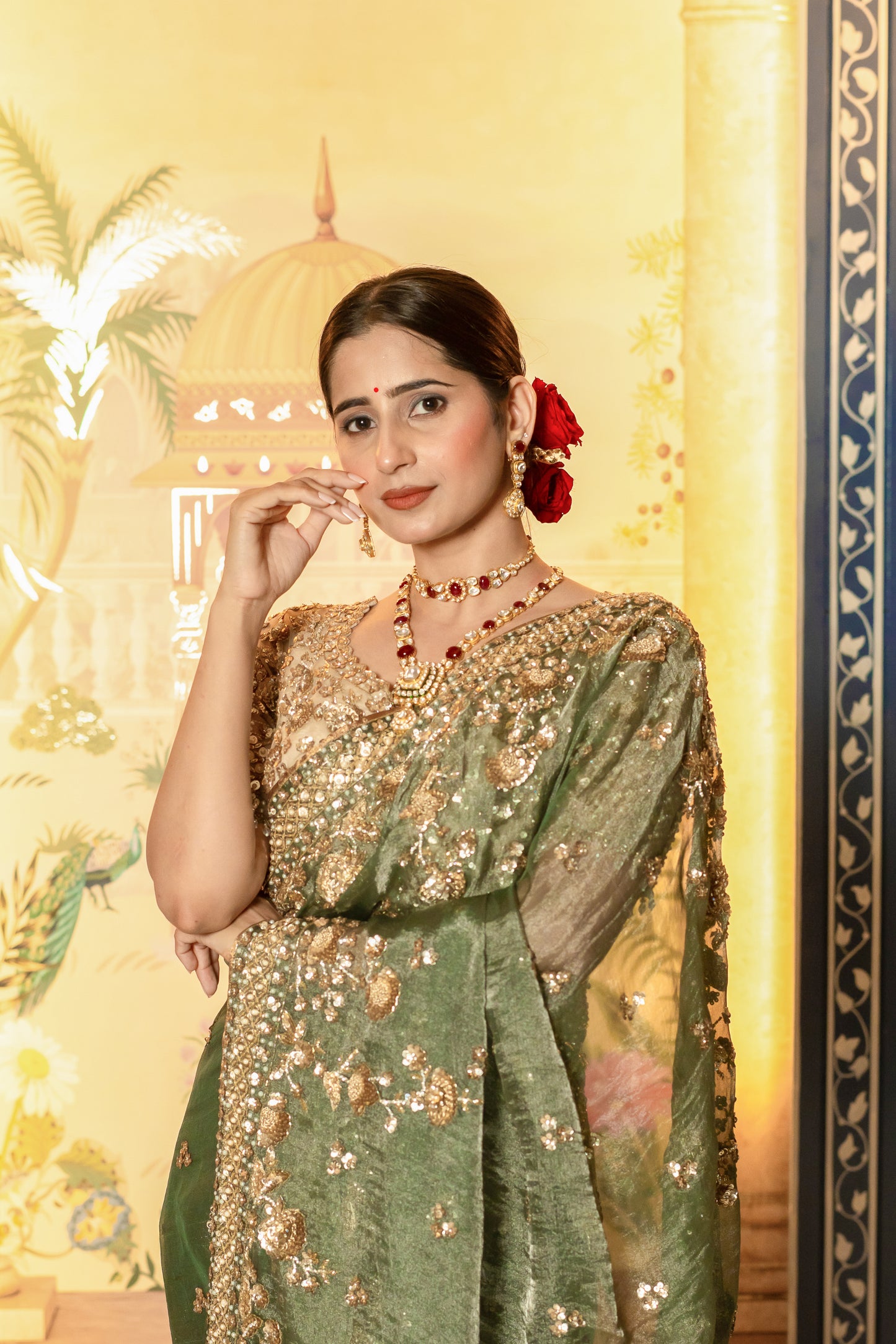 Olive Green Sequin Embellished Saree Set