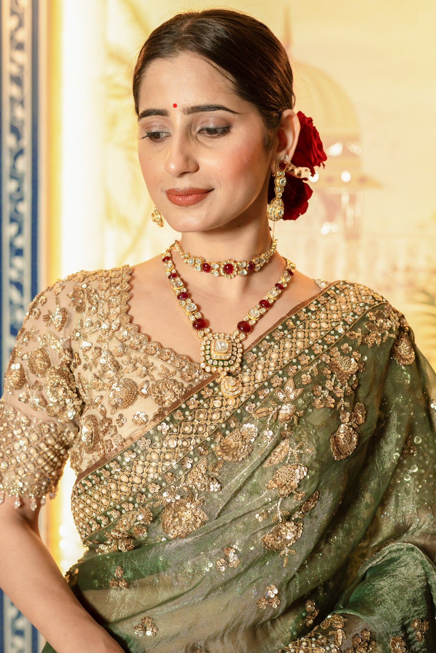 Olive Green Sequin Embellished Saree Set