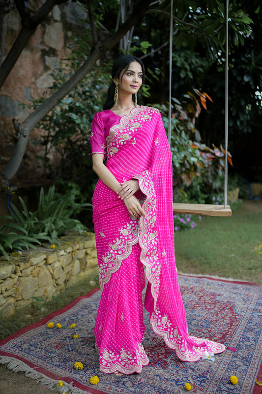 Rani Pink Mothda Saree In Georgette With Gotta Work