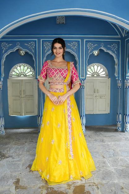 Butter Yellow Organza Skirt With Embellished Ghatchola Blouse And Dupatta
