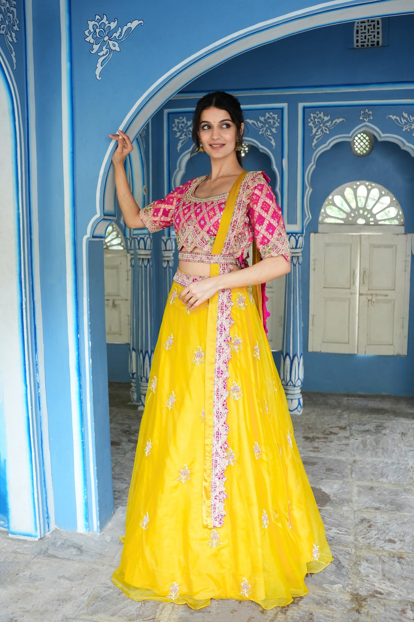 Butter Yellow Organza Skirt With Embellished Ghatchola Blouse And Dupatta