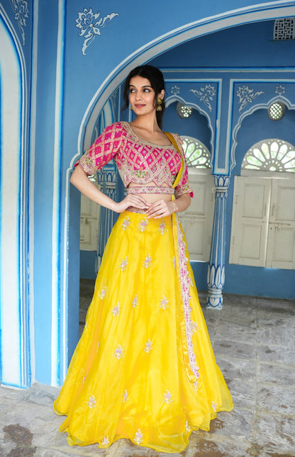 Butter Yellow Organza Skirt With Embellished Ghatchola Blouse And Dupatta