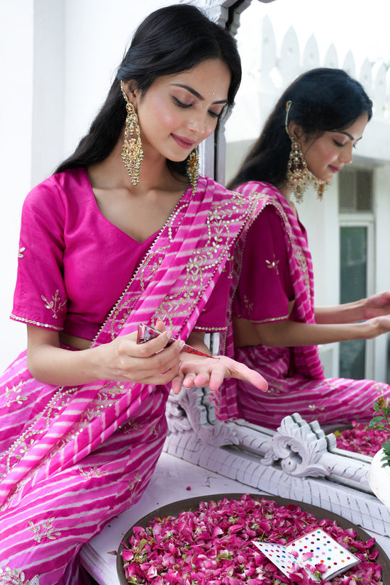 Pink Shaded Tassar Silk Lehariya Lehanga Set