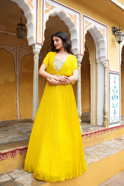 Butterscotch Yellow Georgette Skirt, Crop Top, And Cape