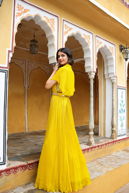 Butterscotch Yellow Georgette Skirt, Crop Top, And Cape