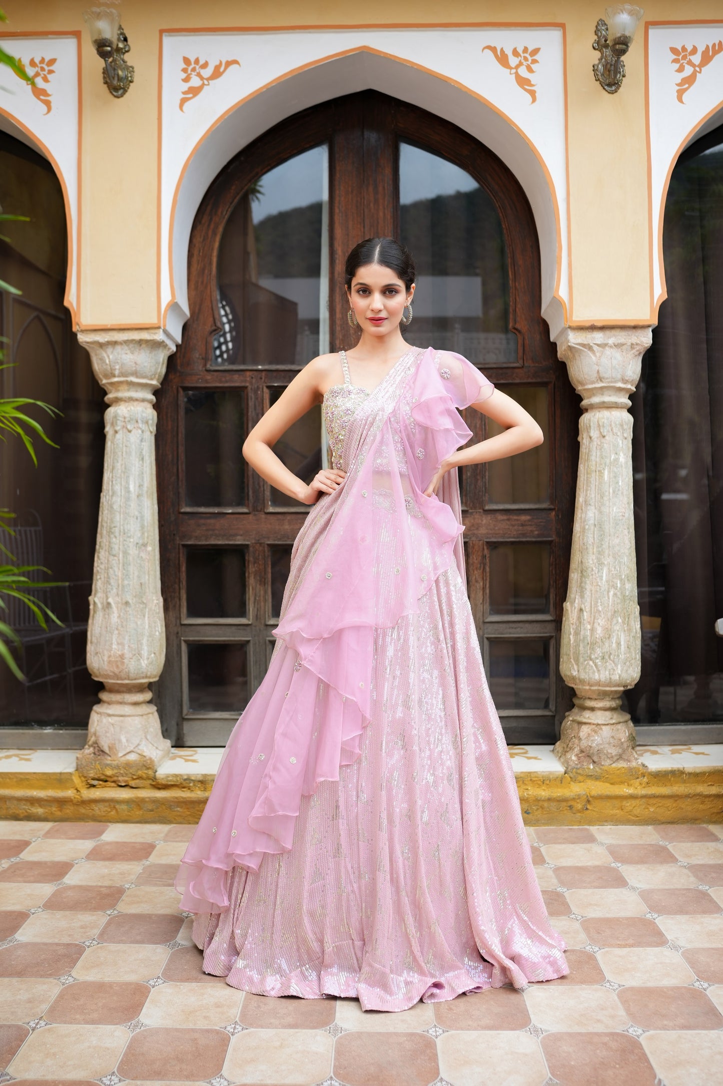 Flamingo pink Sequin Work Drape Saree With Flare