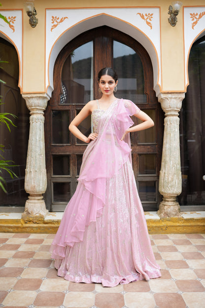 Flamingo pink Sequin Work Drape Saree With Flare