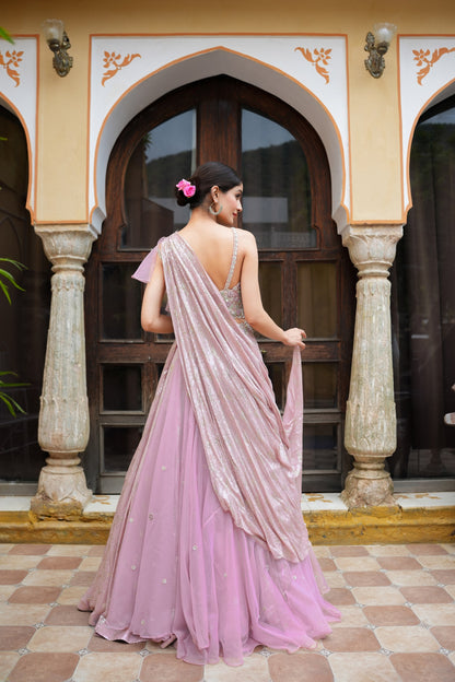 Flamingo pink Sequin Work Drape Saree With Flare