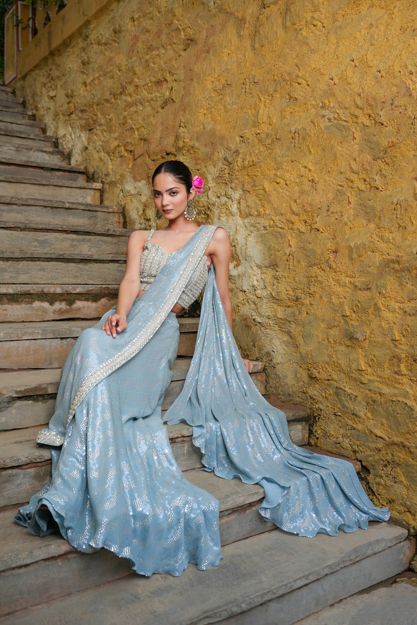 Baby Blue Sequin Drape Saree With Crop Top