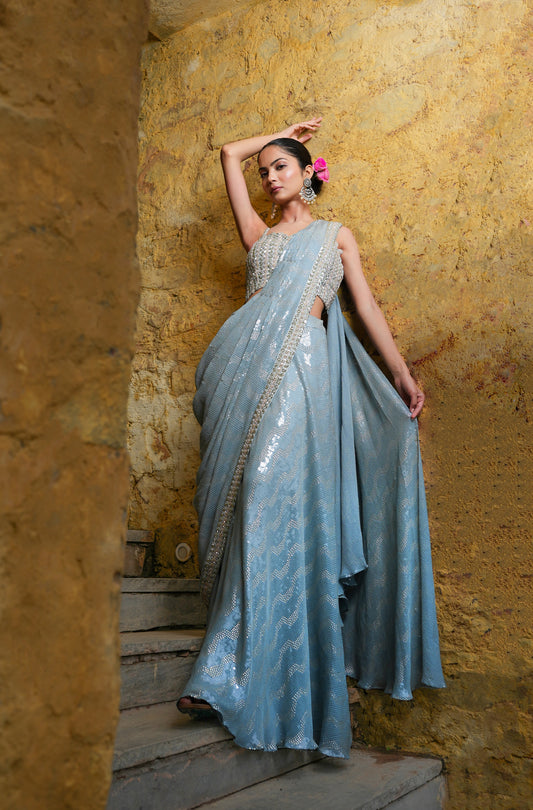 Baby Blue Sequin Drape Saree With Crop Top