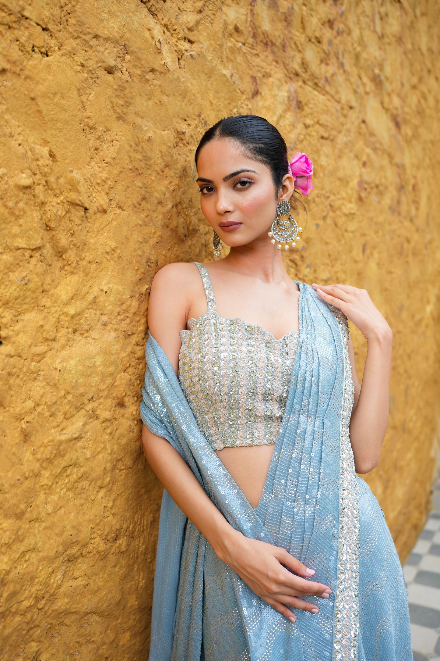 Baby Blue Sequin Drape Saree With Crop Top