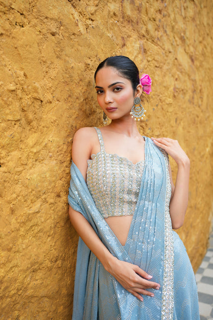 Baby Blue Sequin Drape Saree With Crop Top