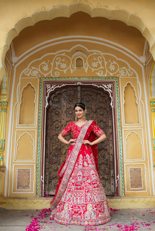 Ruby Red Royal Heritage Lehenga And Choli Set In Floral And Mugal Embroidery