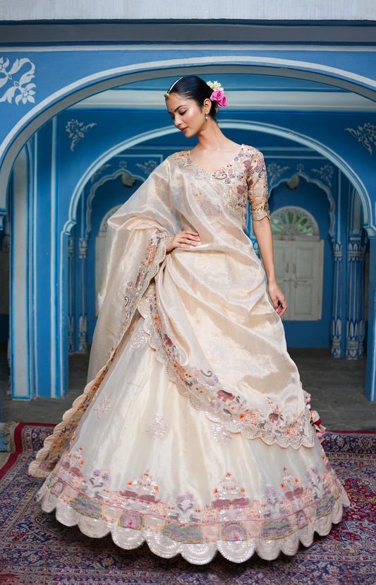 Pearl Golden Shimmer Organza Gotta Patti  And Thread Work Lehenga Choli Set