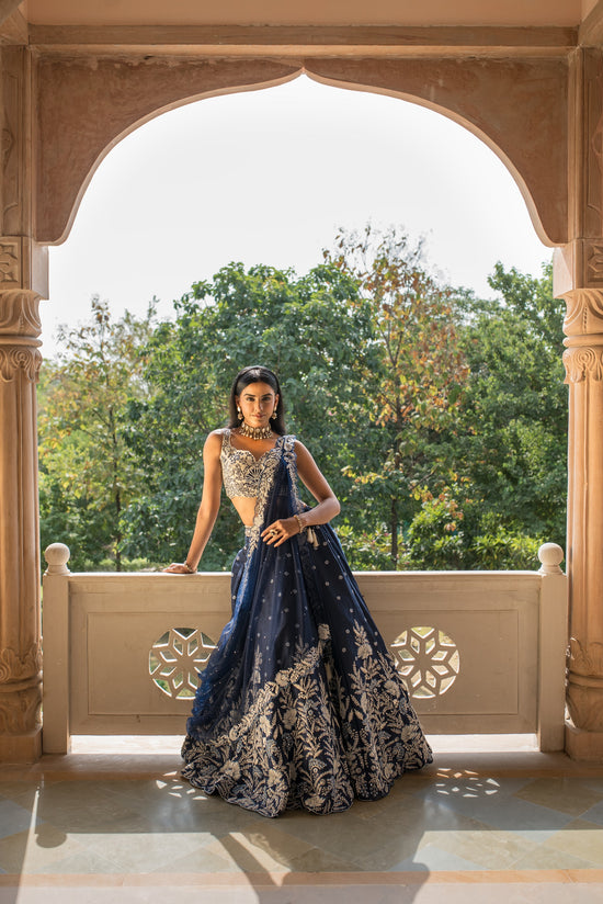 Navy Blue Thread Work Skirt With Blouse And Dupatta