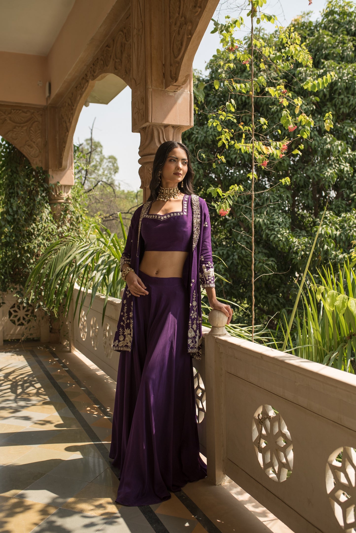 Berry Blue Crop Top And Palazzo With Embellished Cape