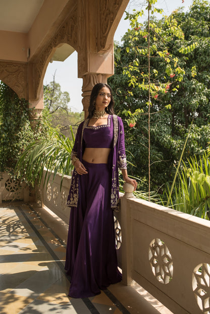 Berry Blue Crop Top And Palazzo With Embellished Cape