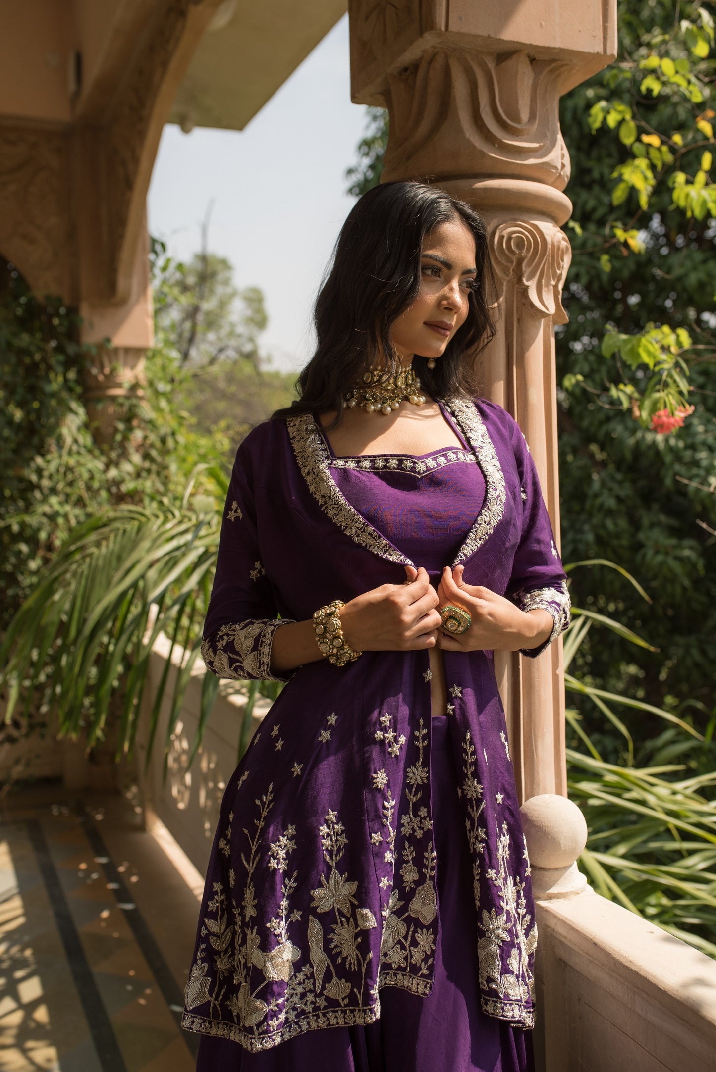 Berry Blue Crop Top And Palazzo With Embellished Cape