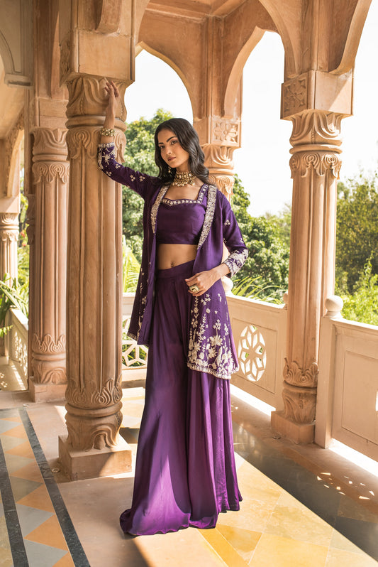 Berry Blue Crop Top And Palazzo With Embellished Cape