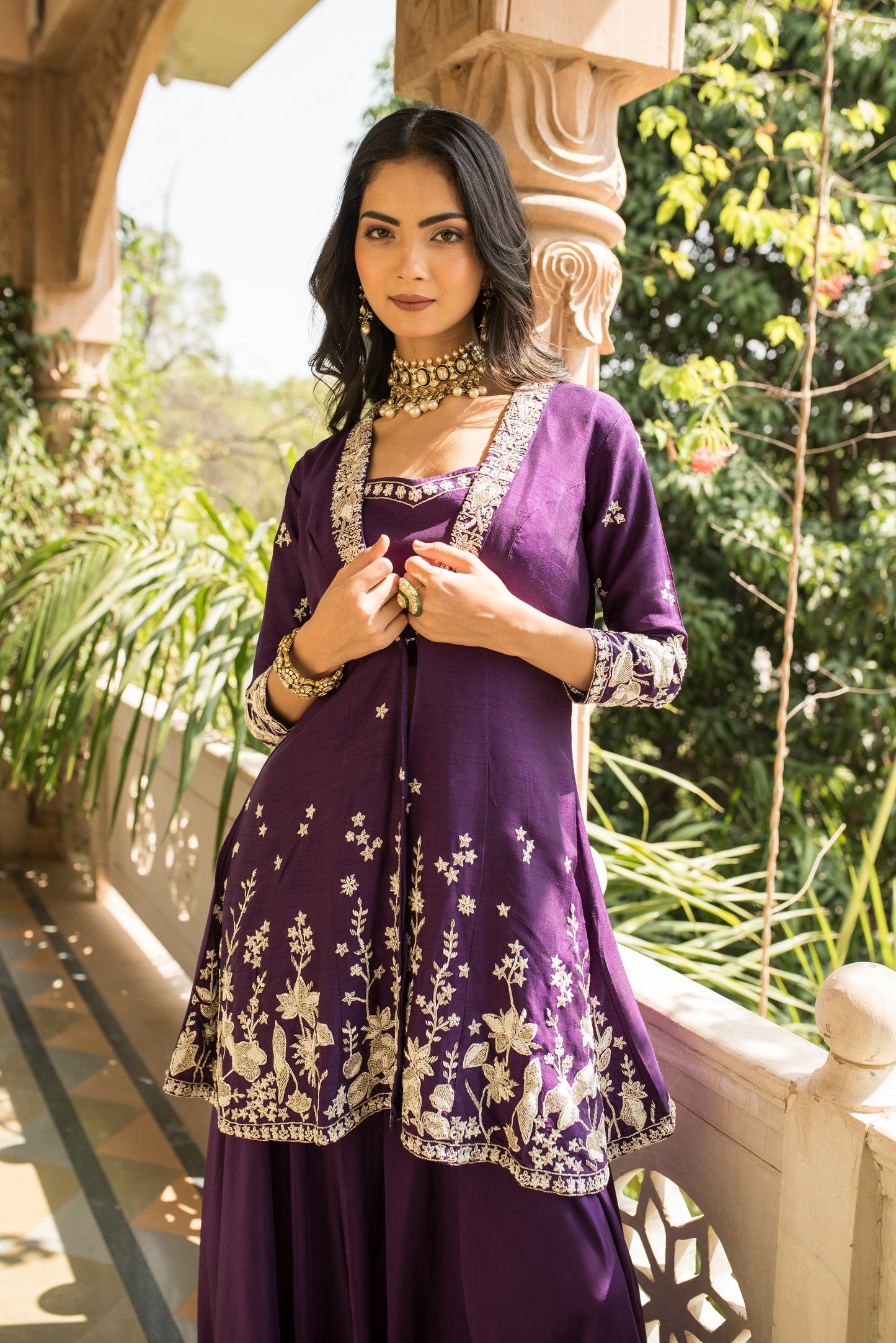 Berry Blue Crop Top And Palazzo With Embellished Cape