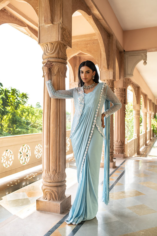 Baby Blue Drape Saree With Cape