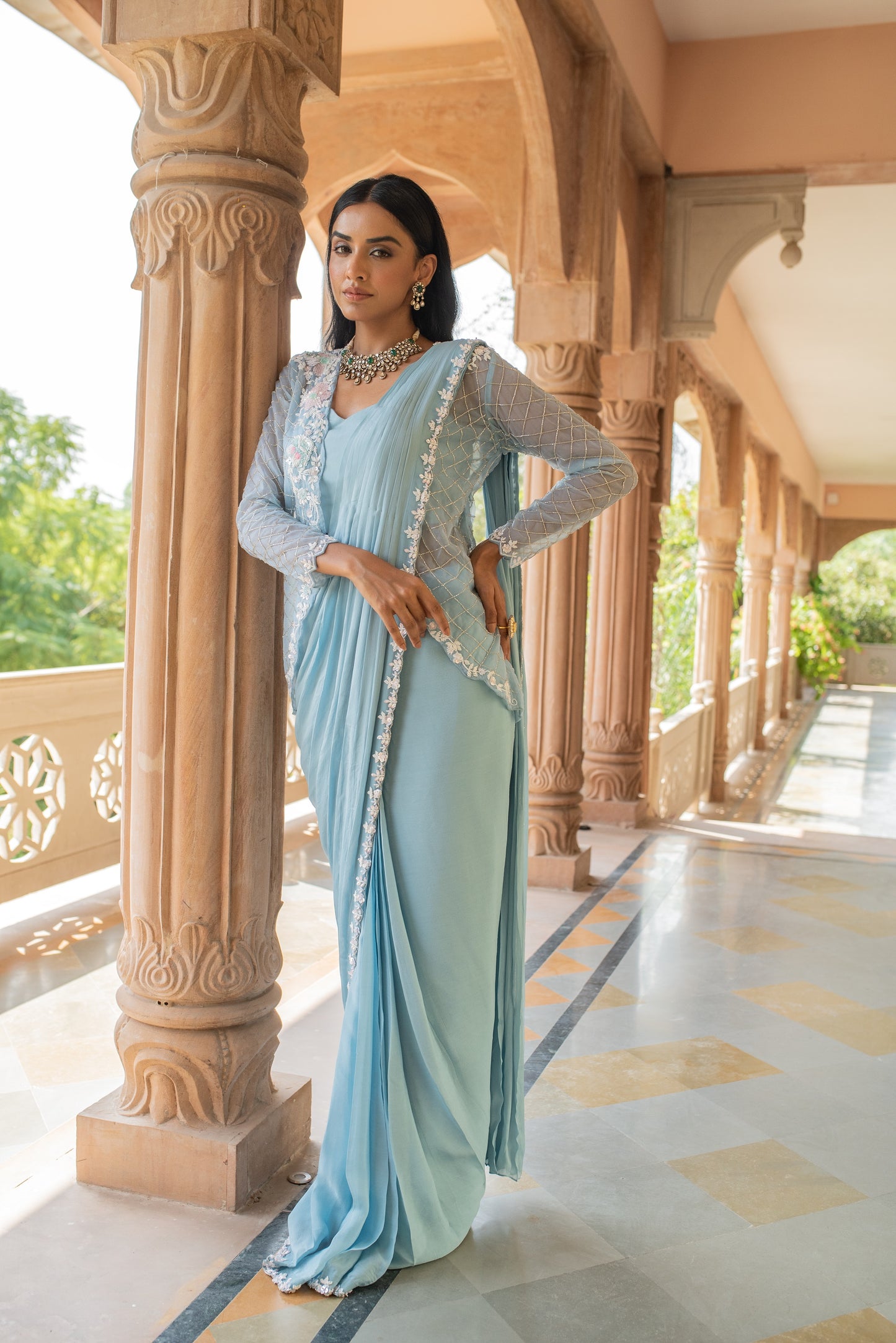 Baby Blue Drape Saree With Cape