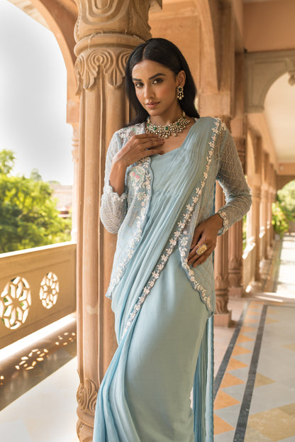 Baby Blue Drape Saree With Cape