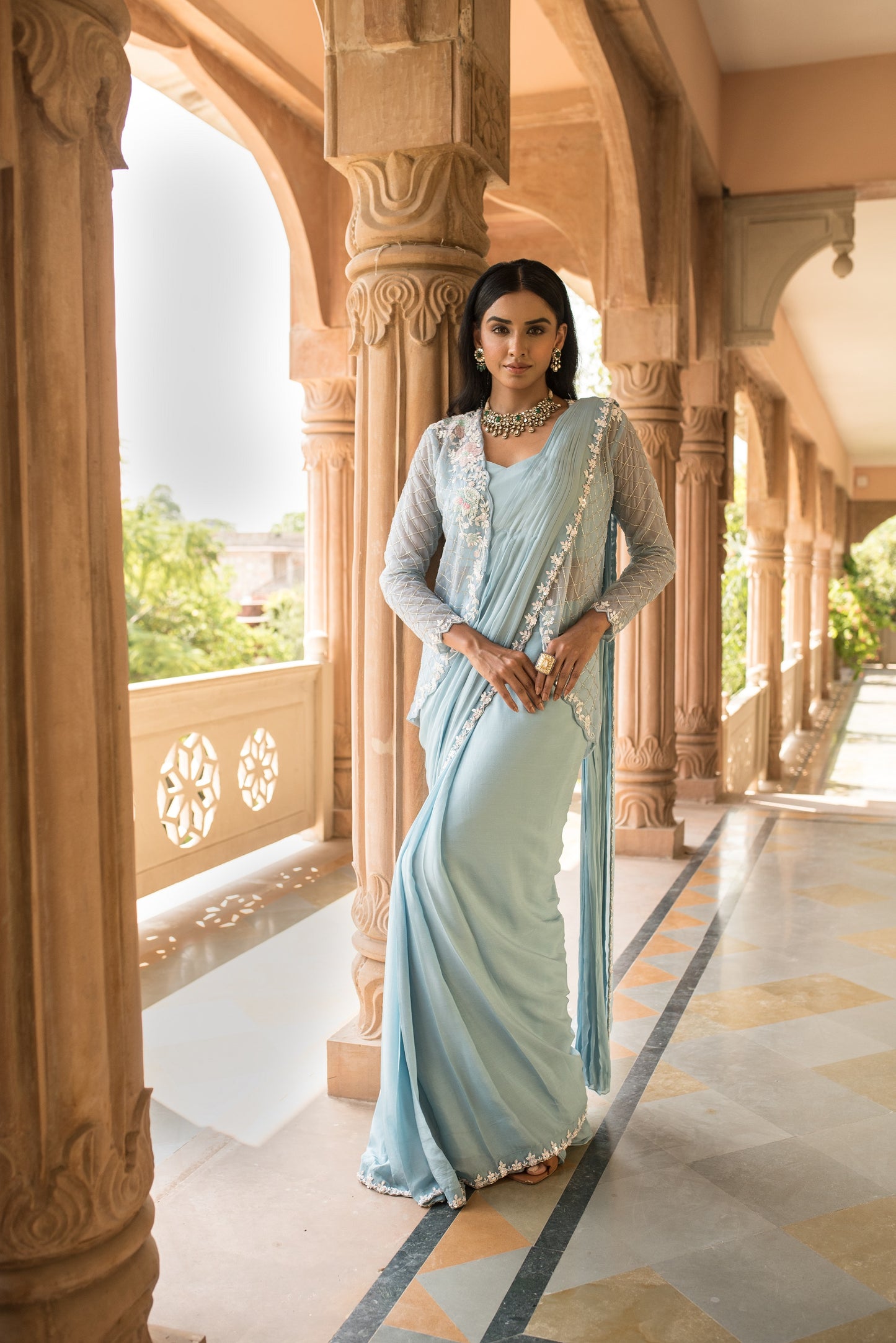 Baby Blue Drape Saree With Cape