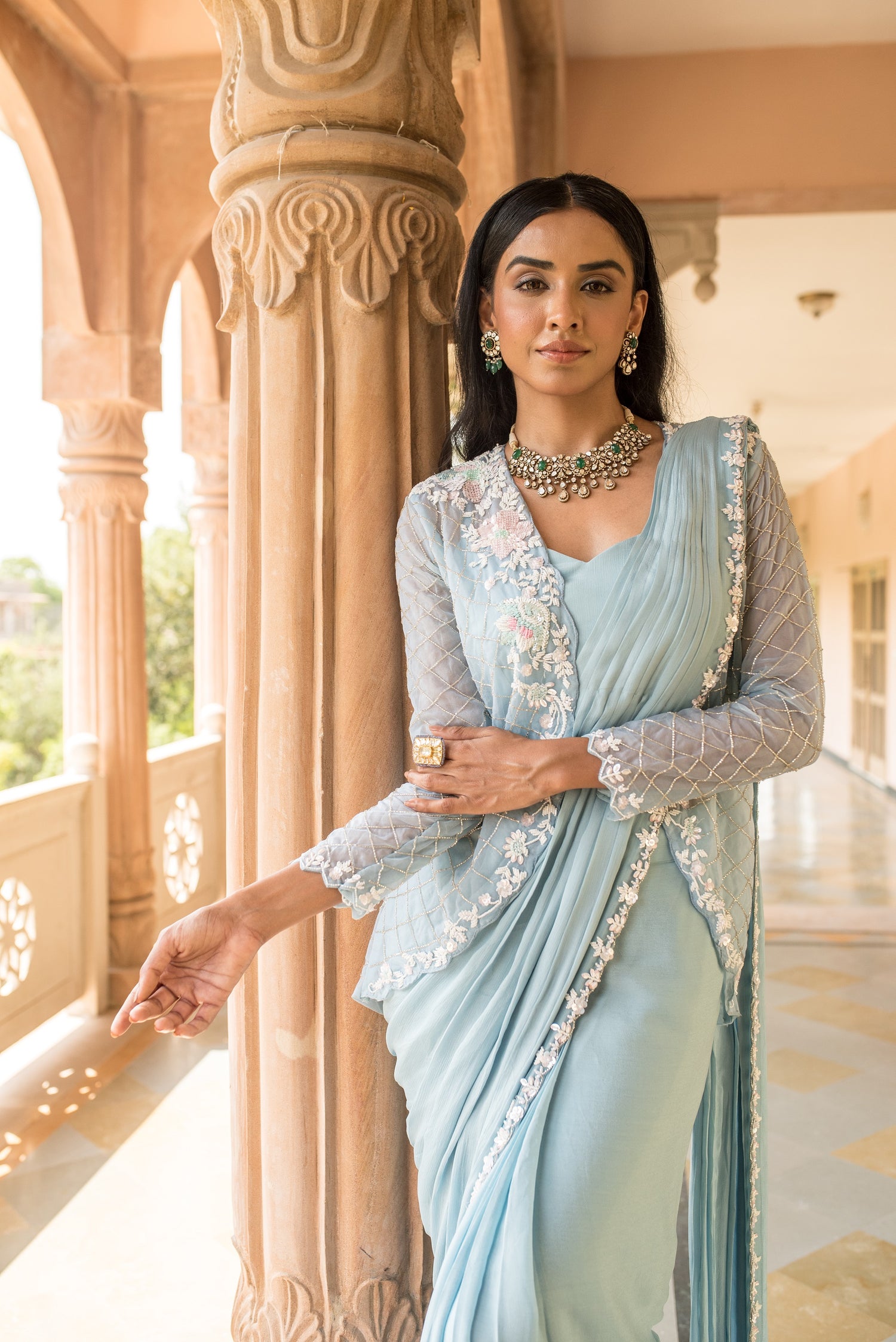 Powder blue and red draped saree skirt with blouse