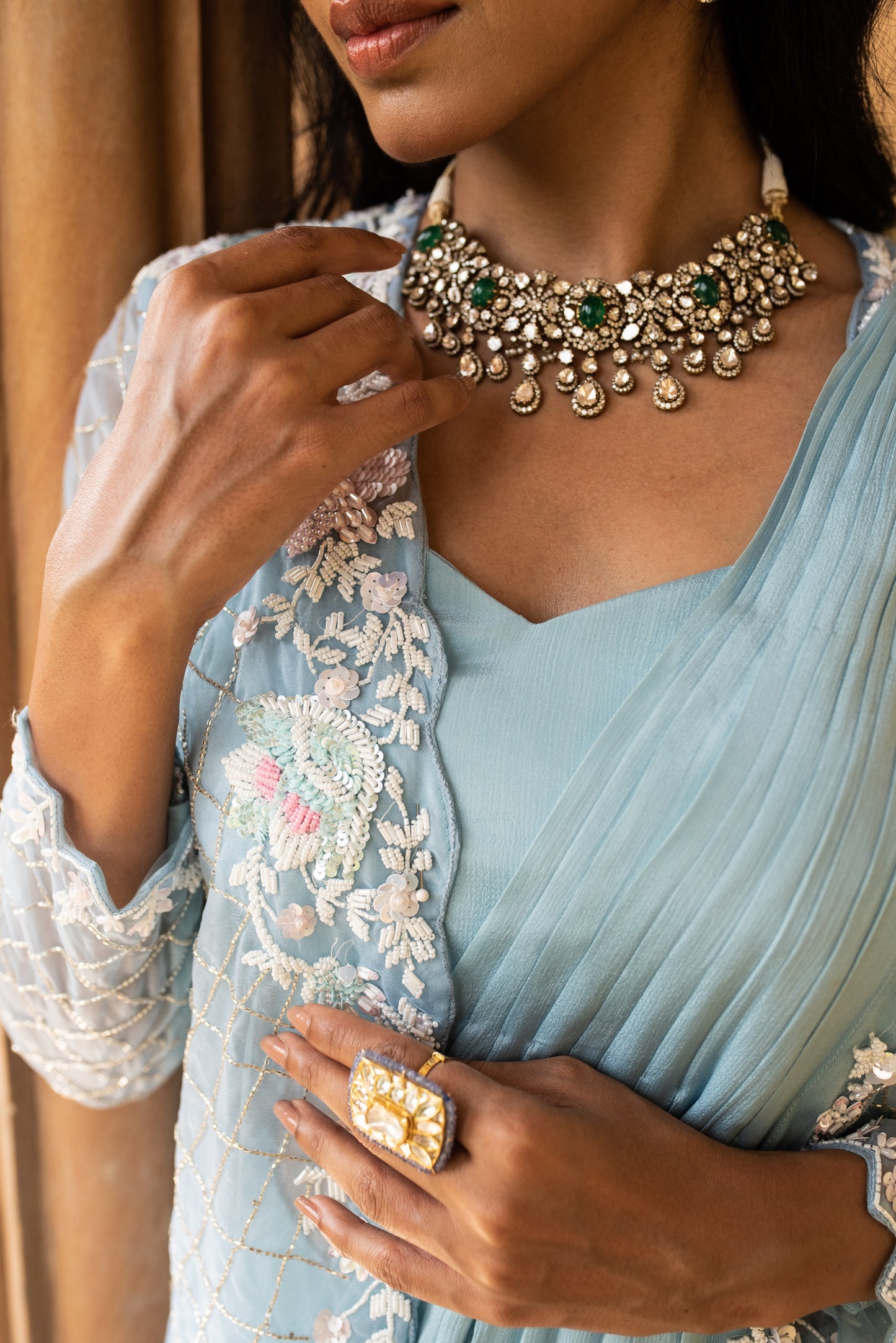 Baby Blue Drape Saree With Cape