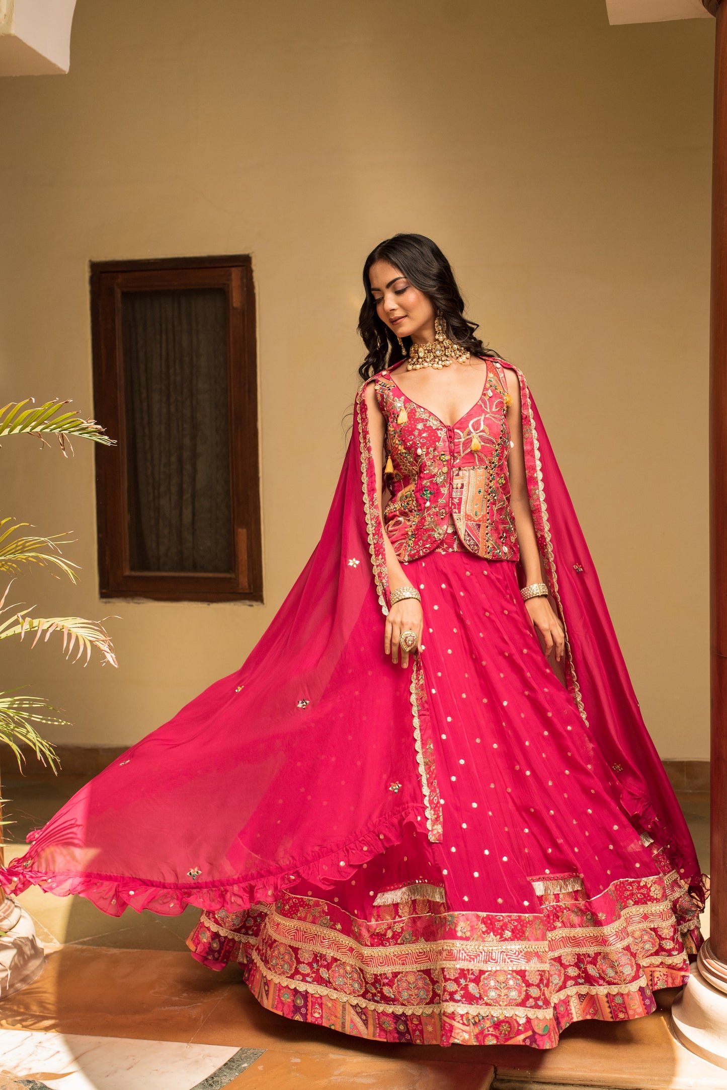 Magenta Pink Organza Skirt And Dupatta With Banarasi Zari Embellished Blouse